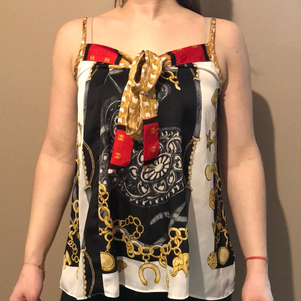 Express red white black and gold tank top blouse